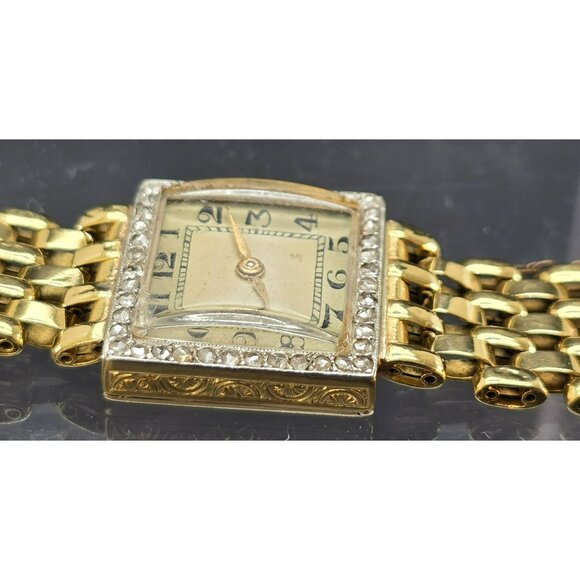 Vintage 18k Gold Womens Square Diamond Watch with Safety Chain HS173 - Picture 10 of 15